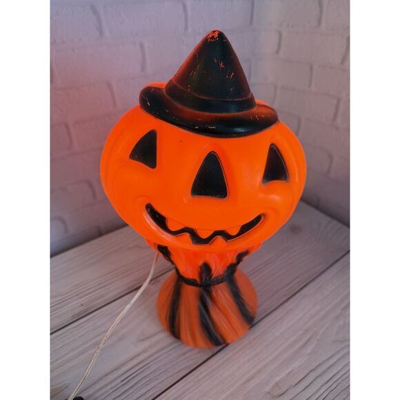 Vtg 1969 Empire Plastic Halloween Blow Mold Pumpkin Jack O Lantern Witch Hat - Picture 2 of 8
